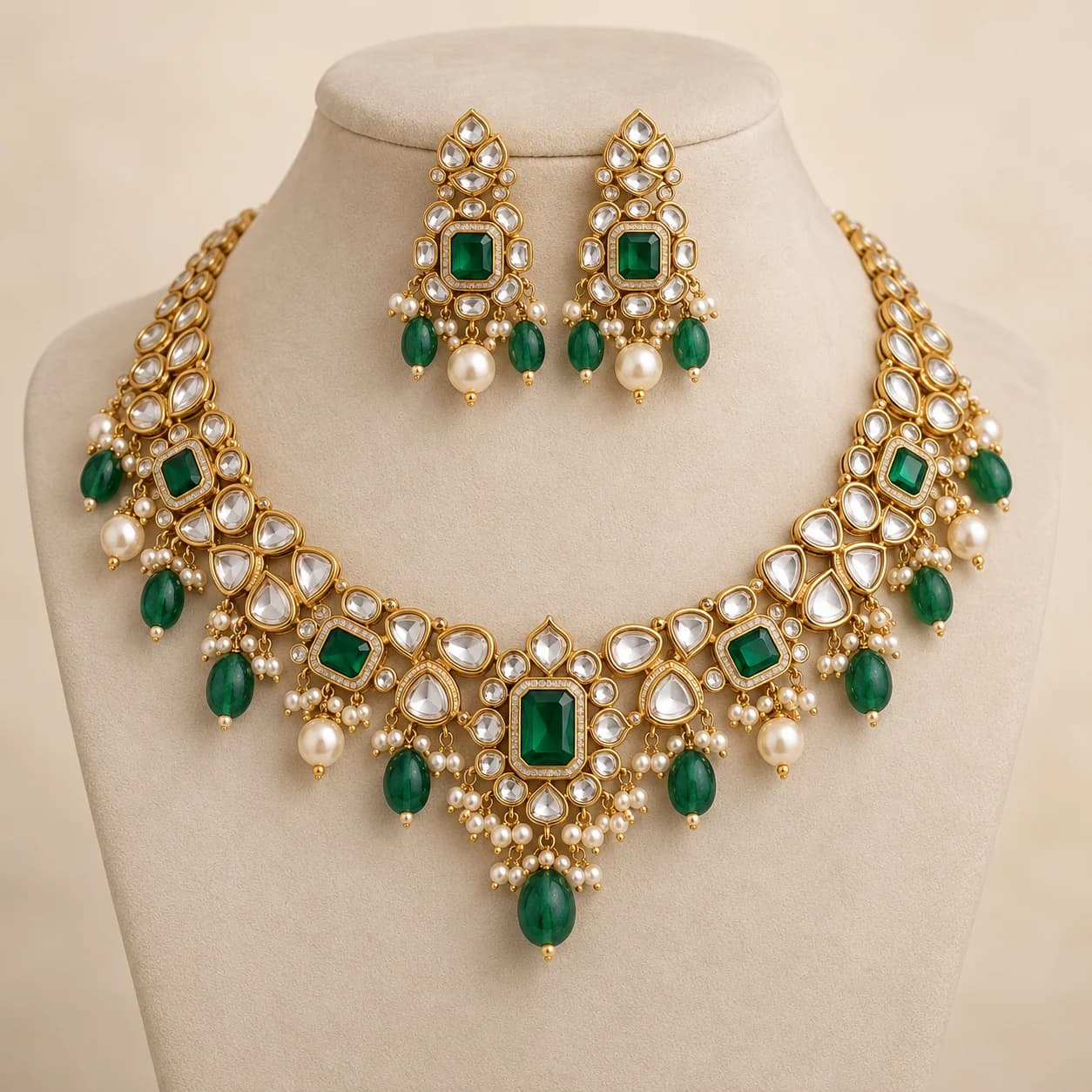 Gold and emerald necklace and earring set