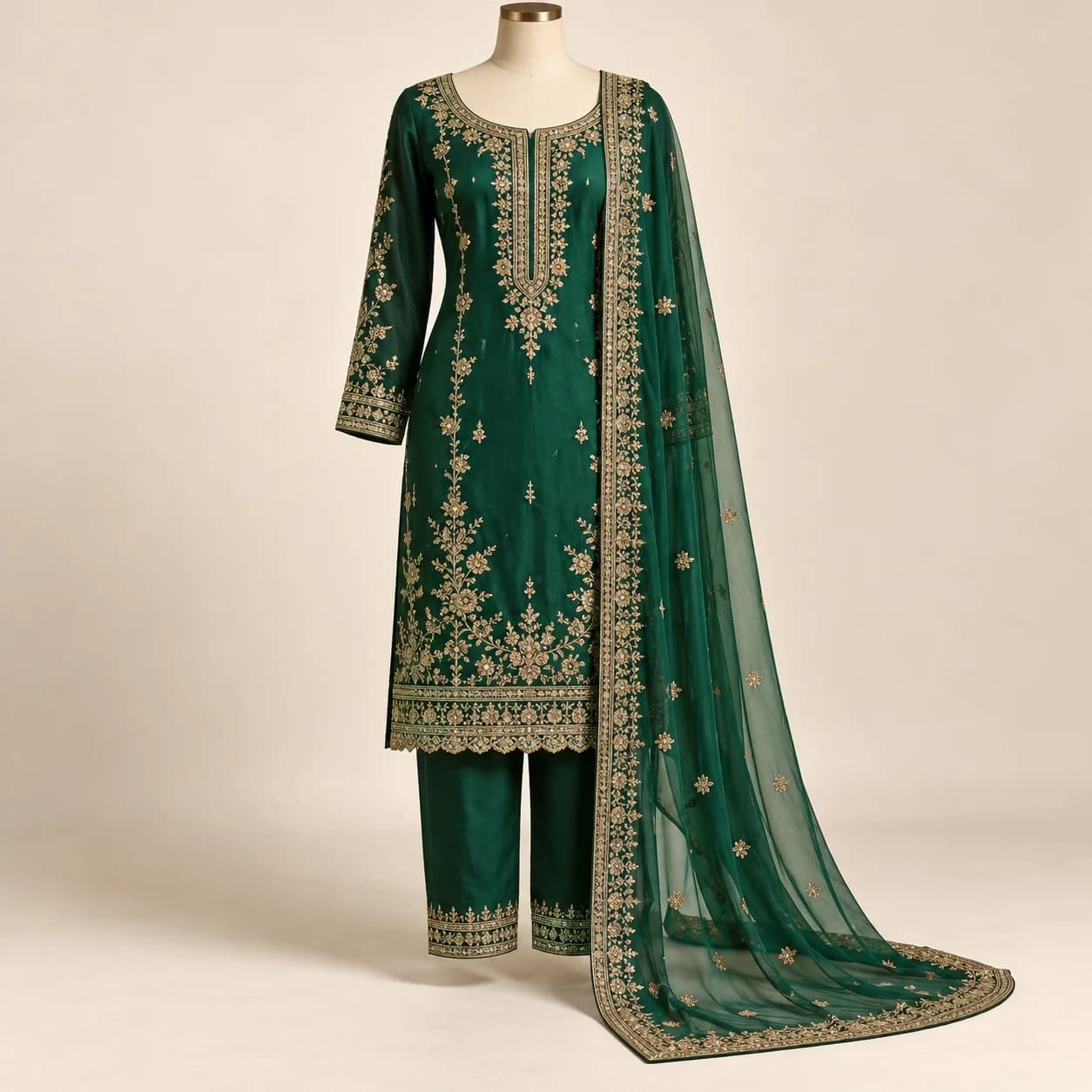 Emerald Punjabi suit with gold embroidery