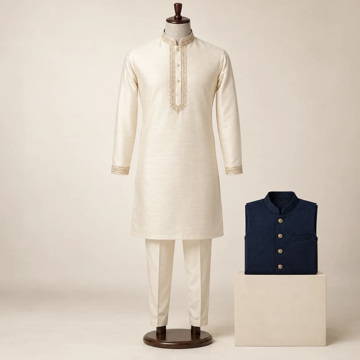 Ivory men's kurta with a navy waistcoat