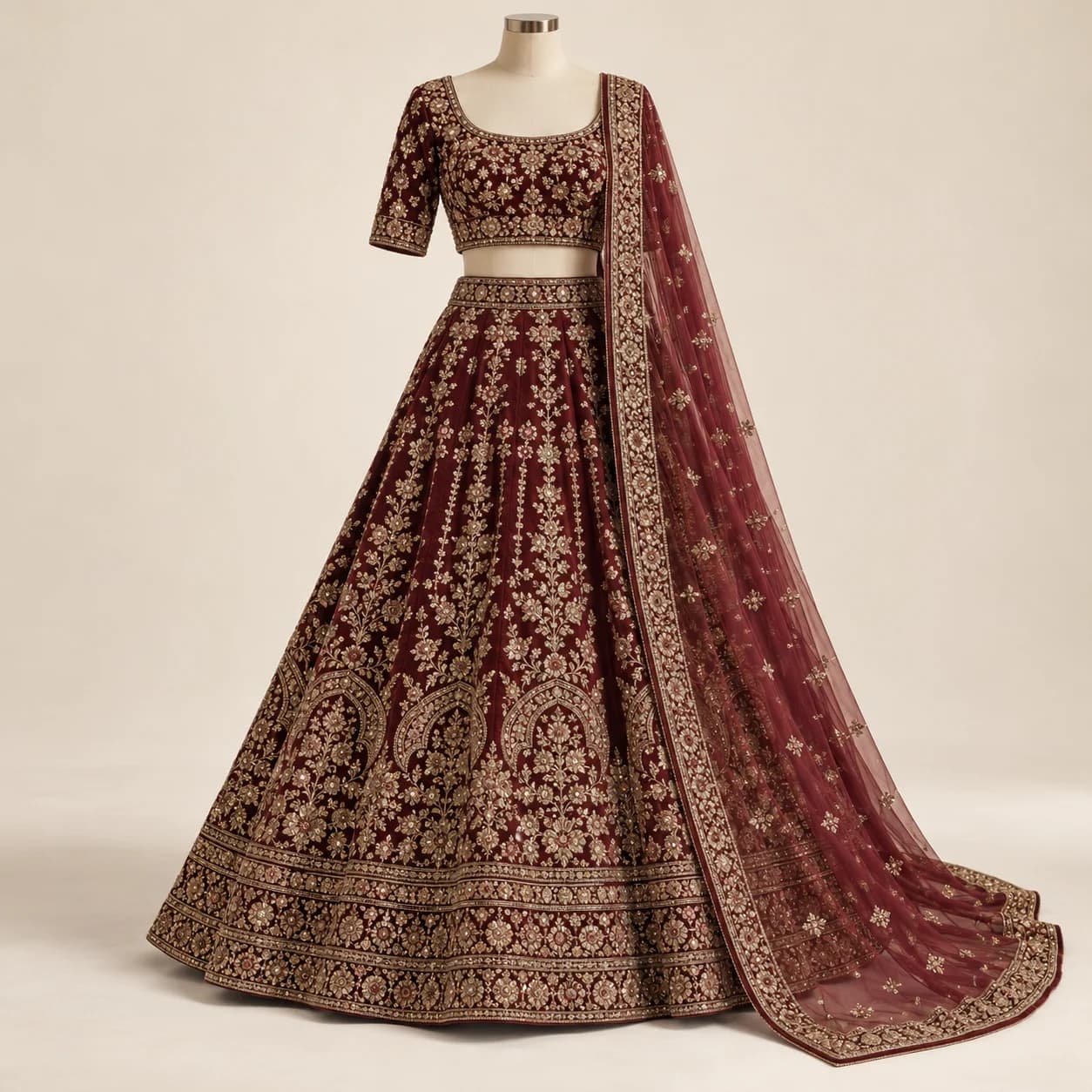 Maroon bridal lehenga with detailed gold embroidery